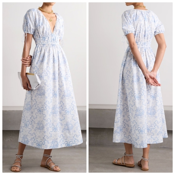 New LoveShackFancy Mastey Printed Cotton Blissfull Blue Midi Dress NWT X-Small - Picture 1 of 10